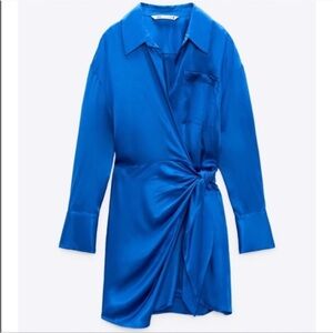 Zara Blue Jewel Tone Satin Effect Wrap Mini Dress Size S